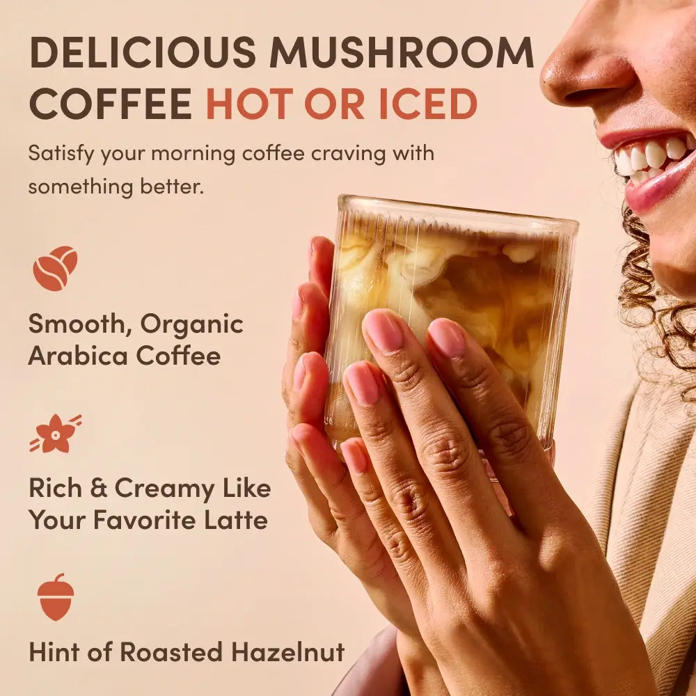 Iced coffee with text "DELICIOUS MUSHROOM COFFEE HOT OR ICED" and product benefits