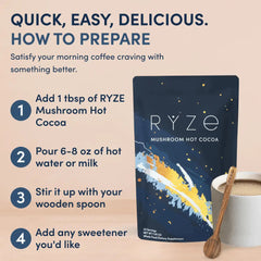Quick Easy Delicious How to Prepare: 4 steps for RYZE Mushroom Hot Cocoa �?bag and wooden spoon shown on beige background