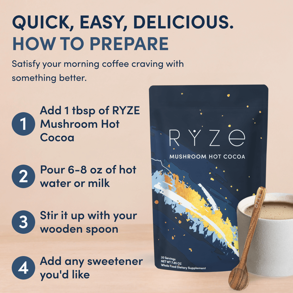 Quick Easy Delicious How to Prepare: 4 steps for RYZE Mushroom Hot Cocoa �?bag and wooden spoon shown on beige background