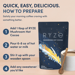 Quick Easy Delicious How to Prepare: 4 steps for RYZE Mushroom Hot Cocoa �?bag and wooden spoon shown on beige background