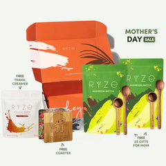 Collection of RYZé products including a box, matcha packets, and wooden items on a white background with 'Mother's Day Sale' text.