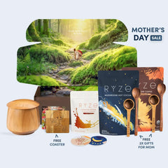 Ryze products including a wooden container, coasters, and hot cocoa packages with a Mother's Day sale banner.
