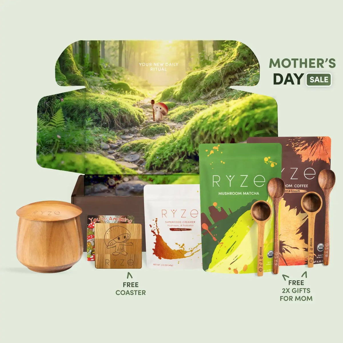 Promotional image for RYZé products with a nature-themed background and 'Mother's Day Sale' text.
