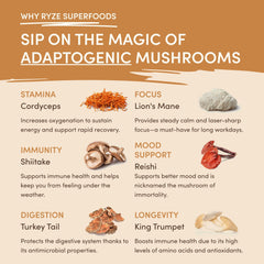 Why RYZE Superfoods �?Sip On The Magic Of Adaptogenic Mushrooms infographic: 6 mushrooms with full benefit descriptions...