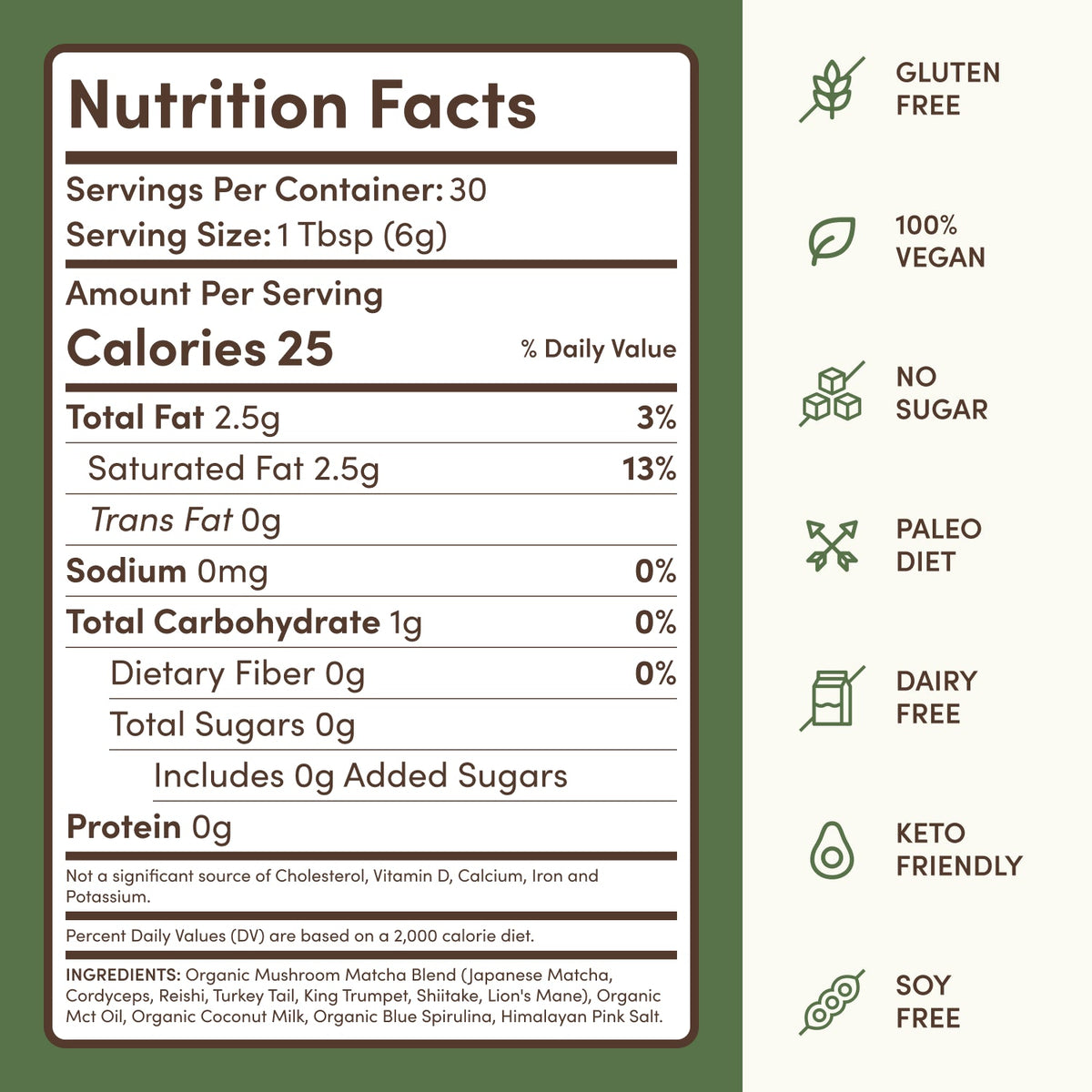 RYZE Mushroom Matcha nutrition facts label
