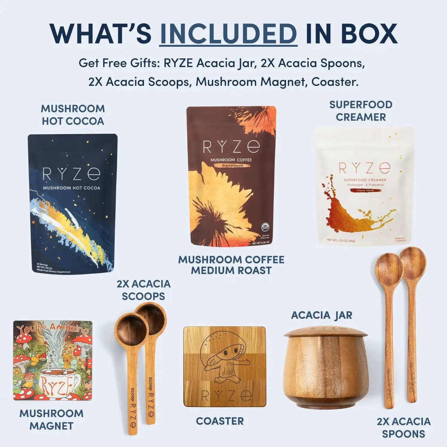 Promotional image of RYZE products including mushroom hot cocoa, coffee, and accessories on a white background.