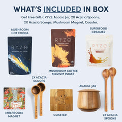 Promotional image of RYZE products including mushroom hot cocoa, coffee, and accessories on a white background.