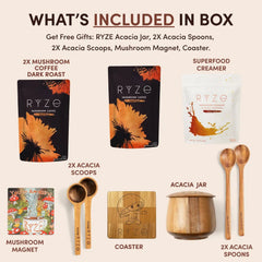 Promotional image of RYZE products including coffee, creamer, and kitchen items with text about free gifts included.